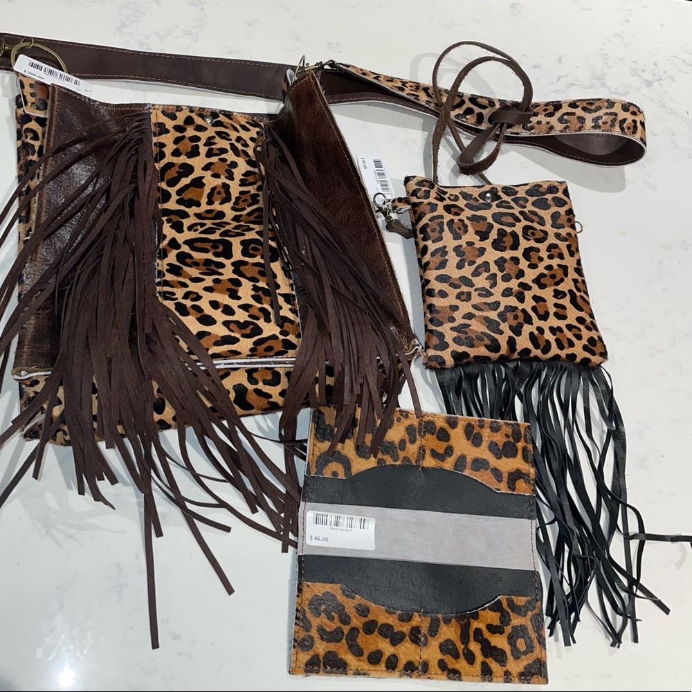 All 3 - 2 Genuine leather leopard boho fringe bags and wallet